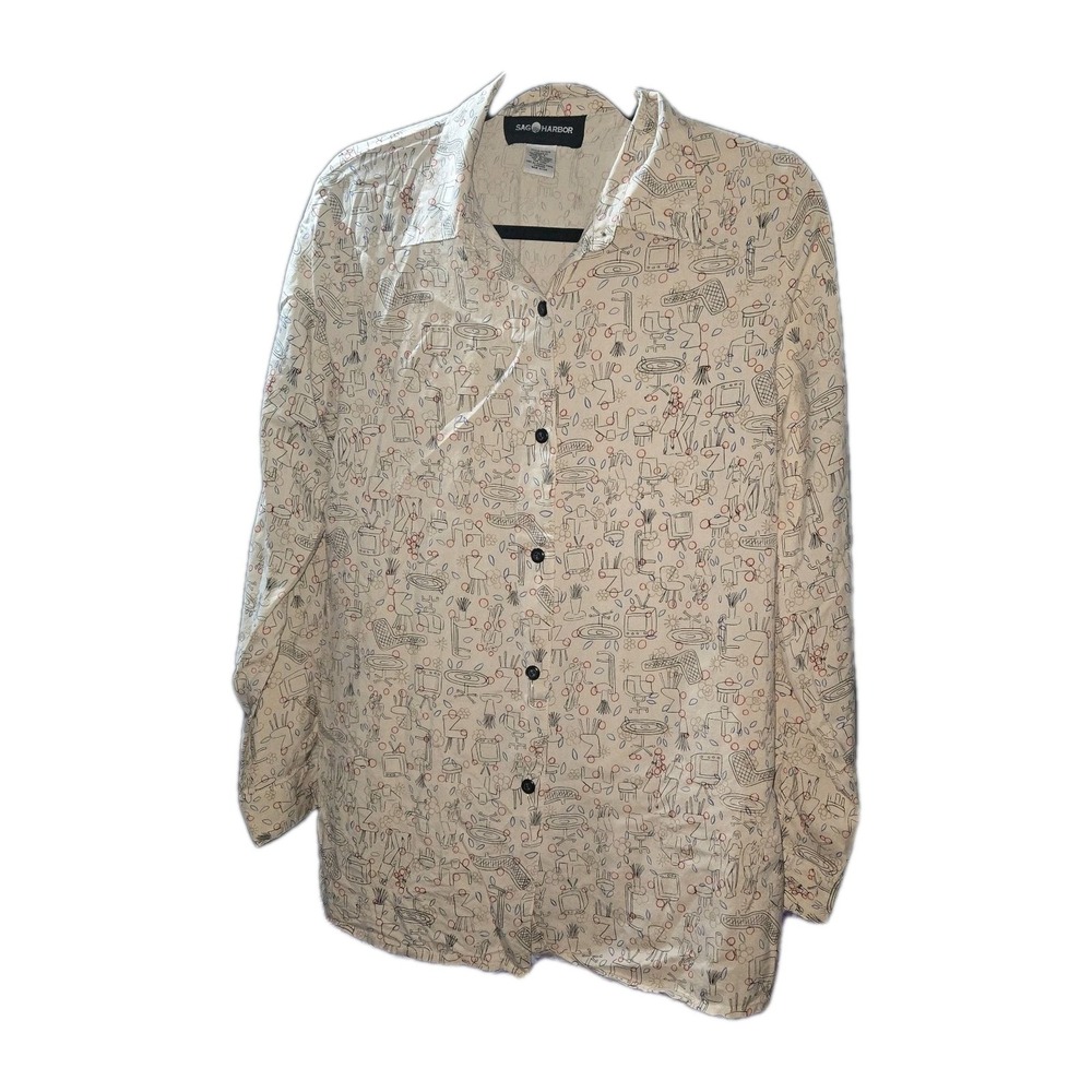 Vintage Sag Harbor Women's 100% Silk Long Sleeve Button Up AOP Blouse SIZE 6